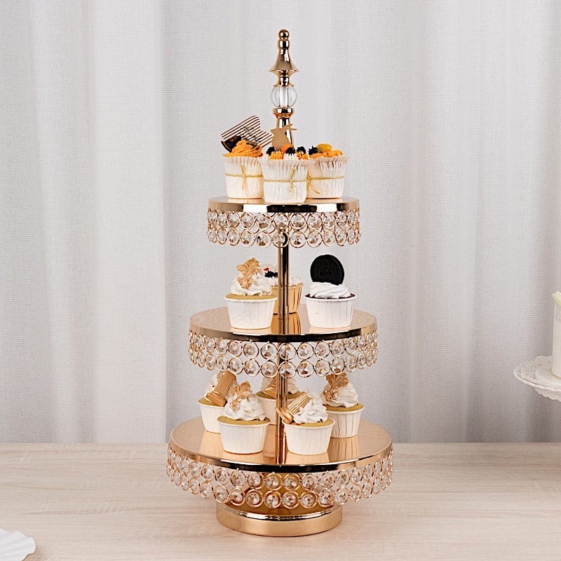 3-Tier 26" Crystal Beaded Metal Cake Stand - Gold CHDLR_CAKE22_GOLD