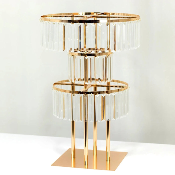 3-Tier 27" Metal Chandelier Floral Stand with Hanging Acrylic Crystals - Gold and Clear CHDLR_070_3T_GOLD