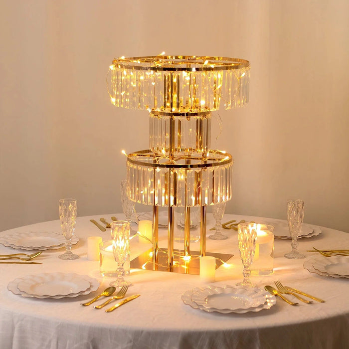 3-Tier 27" Metal Chandelier Floral Stand with Hanging Acrylic Crystals - Gold and Clear CHDLR_070_3T_GOLD