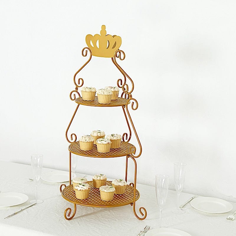 3 Tier 32" Round Metal Cake Stand with Crown Top - Gold CAKE_STND_CROWN01_GOLD