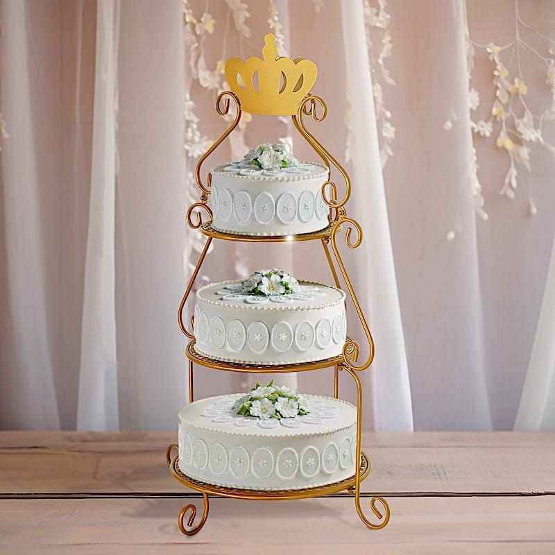 3 Tier 32" Round Metal Cake Stand with Crown Top - Gold CAKE_STND_CROWN01_GOLD