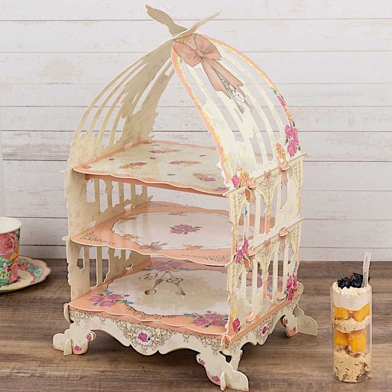 3 Tier Birdcage Cardboard Cupcake Stand with Floral Print - White and Peach CAKE_CARB010_CAGE