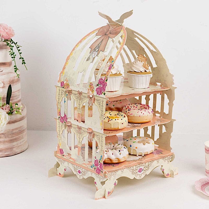 3 Tier Birdcage Cardboard Cupcake Stand with Floral Print - White and Peach CAKE_CARB010_CAGE
