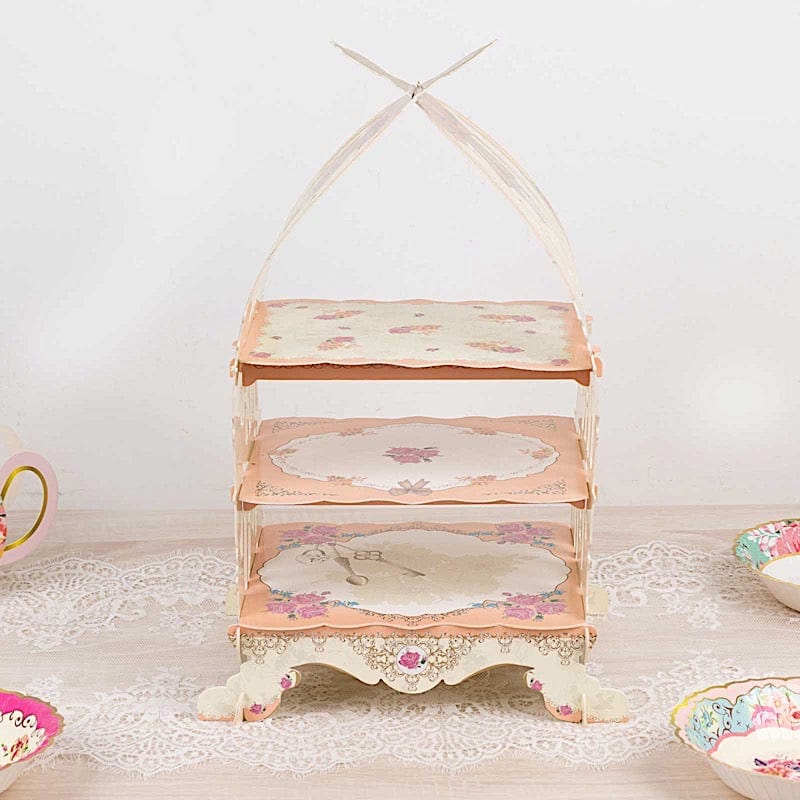 3 Tier Birdcage Cardboard Cupcake Stand with Floral Print - White and Peach CAKE_CARB010_CAGE