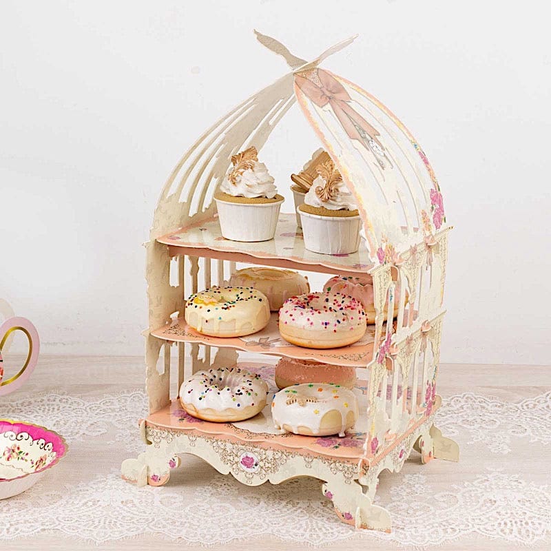 3 Tier Birdcage Cardboard Cupcake Stand with Floral Print - White and Peach CAKE_CARB010_CAGE