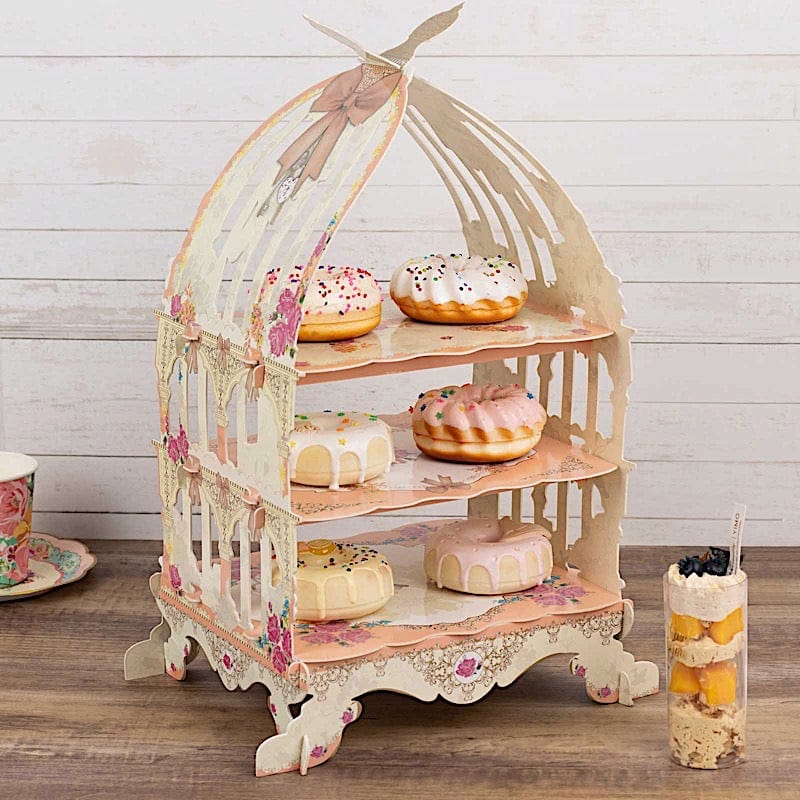 3 Tier Birdcage Cardboard Cupcake Stand with Floral Print - White and Peach CAKE_CARB010_CAGE