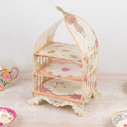 3 Tier Birdcage Cardboard Cupcake Stand with Floral Print - White and Peach CAKE_CARB010_CAGE