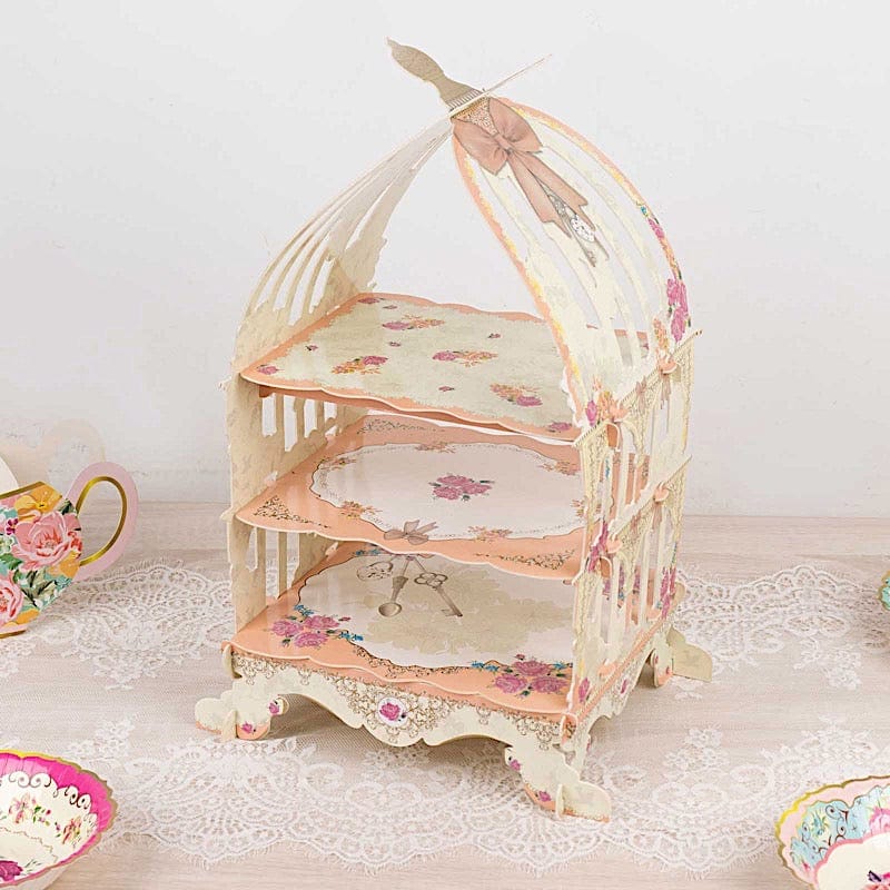 3 Tier Birdcage Cardboard Cupcake Stand with Floral Print - White and Peach CAKE_CARB010_CAGE