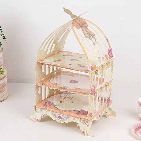3 Tier Birdcage Cardboard Cupcake Stand with Floral Print - White and Peach CAKE_CARB010_CAGE