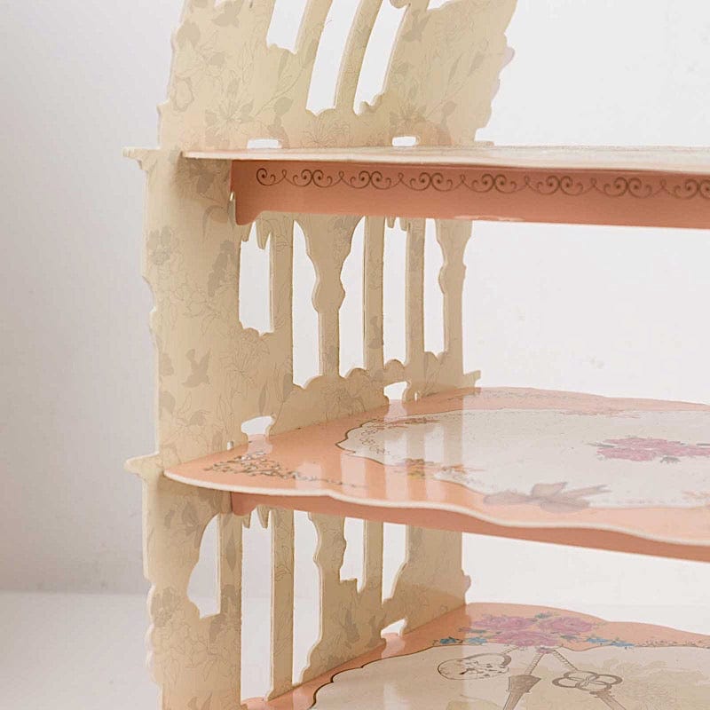 3 Tier Birdcage Cardboard Cupcake Stand with Floral Print - White and Peach CAKE_CARB010_CAGE