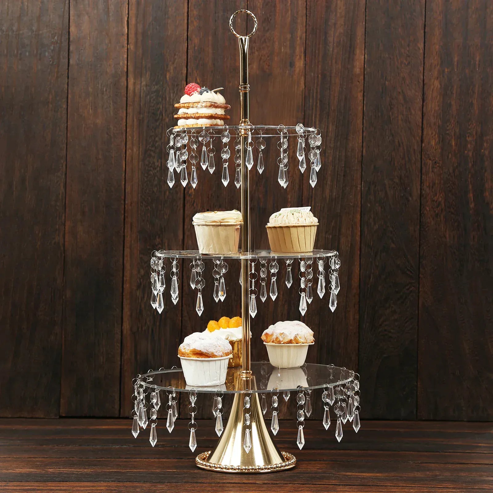 3-Tier Cupcake Stand with Crystals - Clear and Gold CAKE_PLST_R013_3T_CLGD