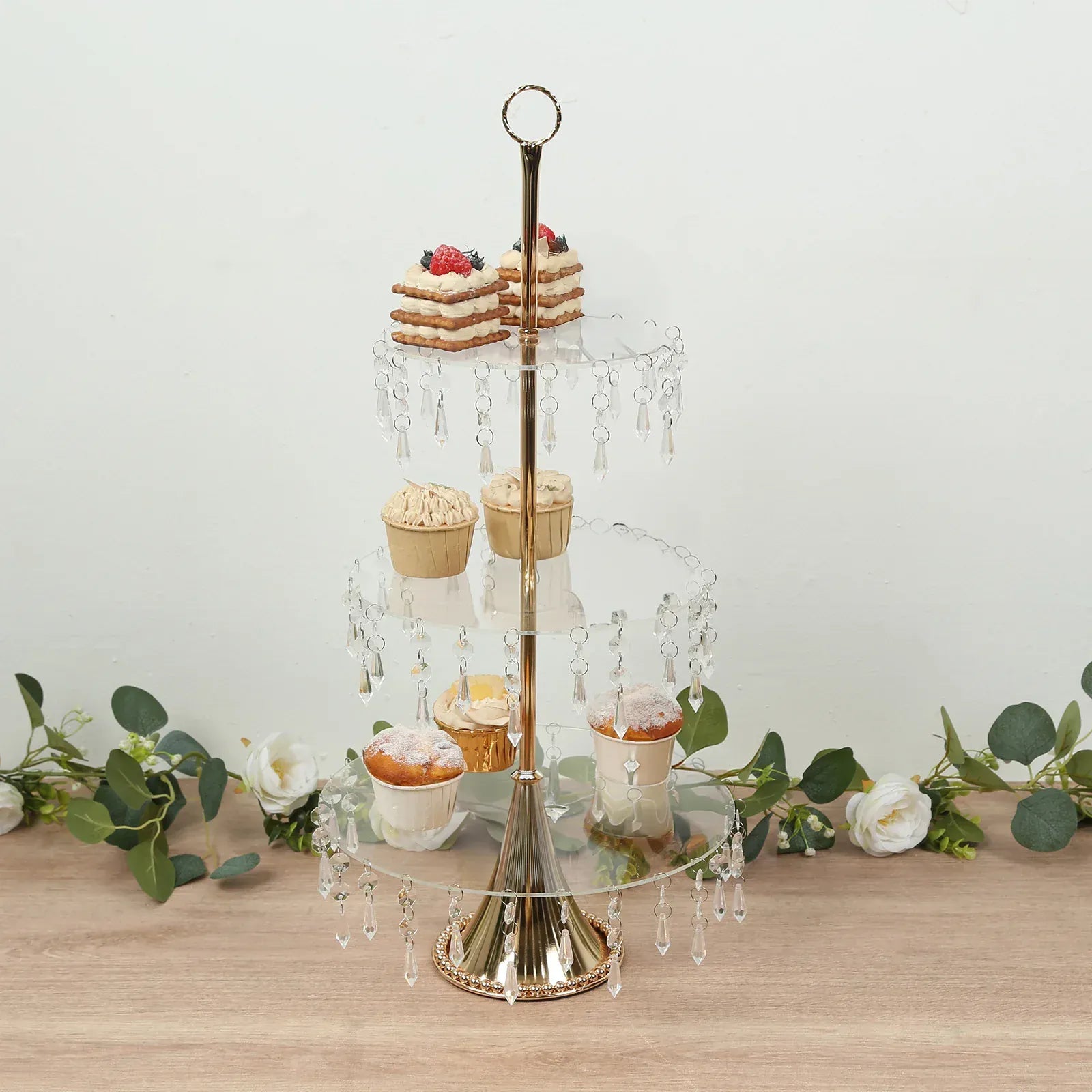 3-Tier Cupcake Stand with Crystals - Clear and Gold CAKE_PLST_R013_3T_CLGD