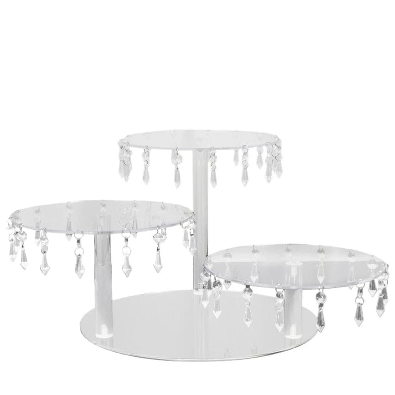 3 Tier Round Acrylic Cake Stand Cupcake Tower with Crystal Pendants - Clear CAKE_PLST_R013_10_CLR