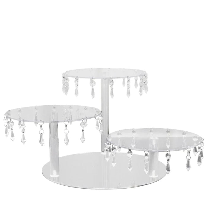 3 Tier Round Acrylic Cake Stand Cupcake Tower with Crystal Pendants - Clear CAKE_PLST_R013_10_CLR