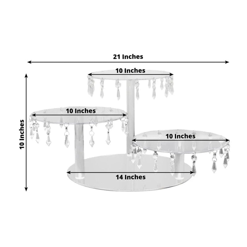 3 Tier Round Acrylic Cake Stand Cupcake Tower with Crystal Pendants - Clear CAKE_PLST_R013_10_CLR