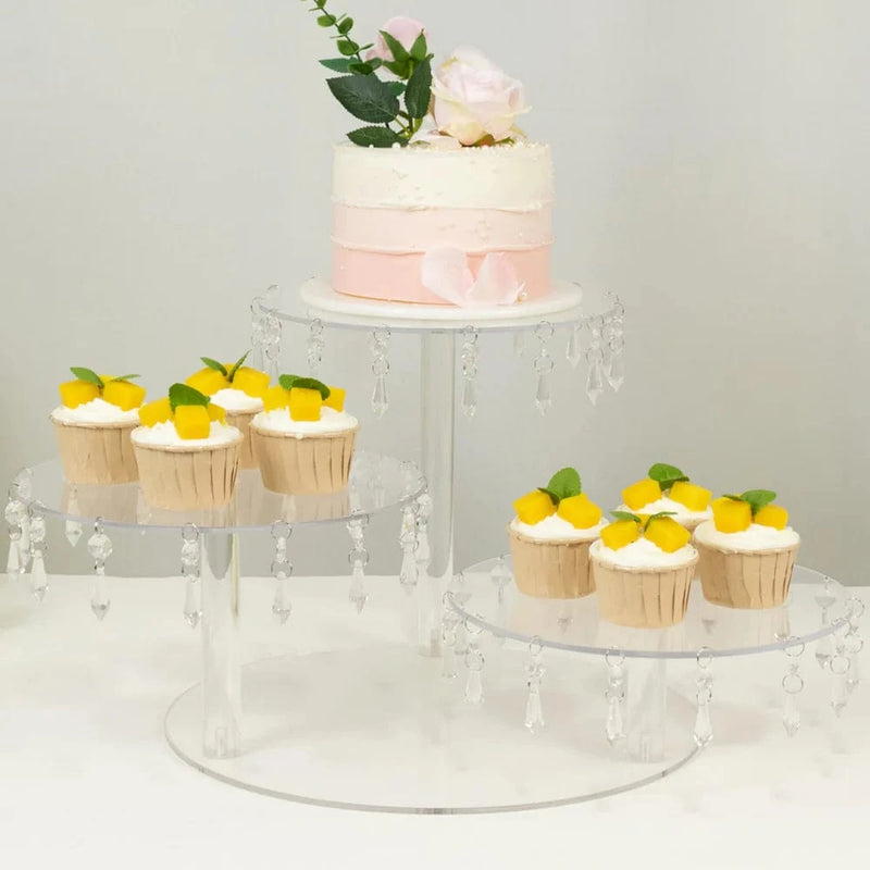 3 Tier Round Acrylic Cake Stand Cupcake Tower with Crystal Pendants - Clear CAKE_PLST_R013_10_CLR