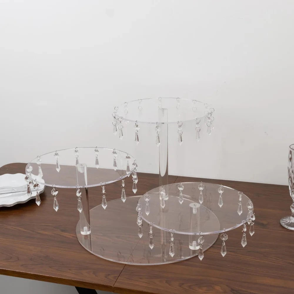 3 Tier Round Acrylic Cake Stand Cupcake Tower with Crystal Pendants - Clear CAKE_PLST_R013_10_CLR