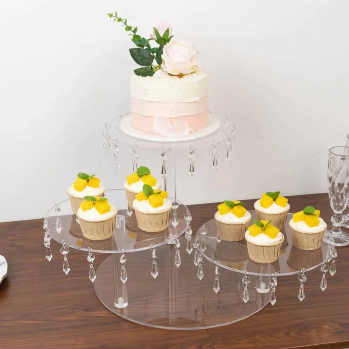 3 Tier Round Acrylic Cake Stand Cupcake Tower with Crystal Pendants - Clear CAKE_PLST_R013_10_CLR