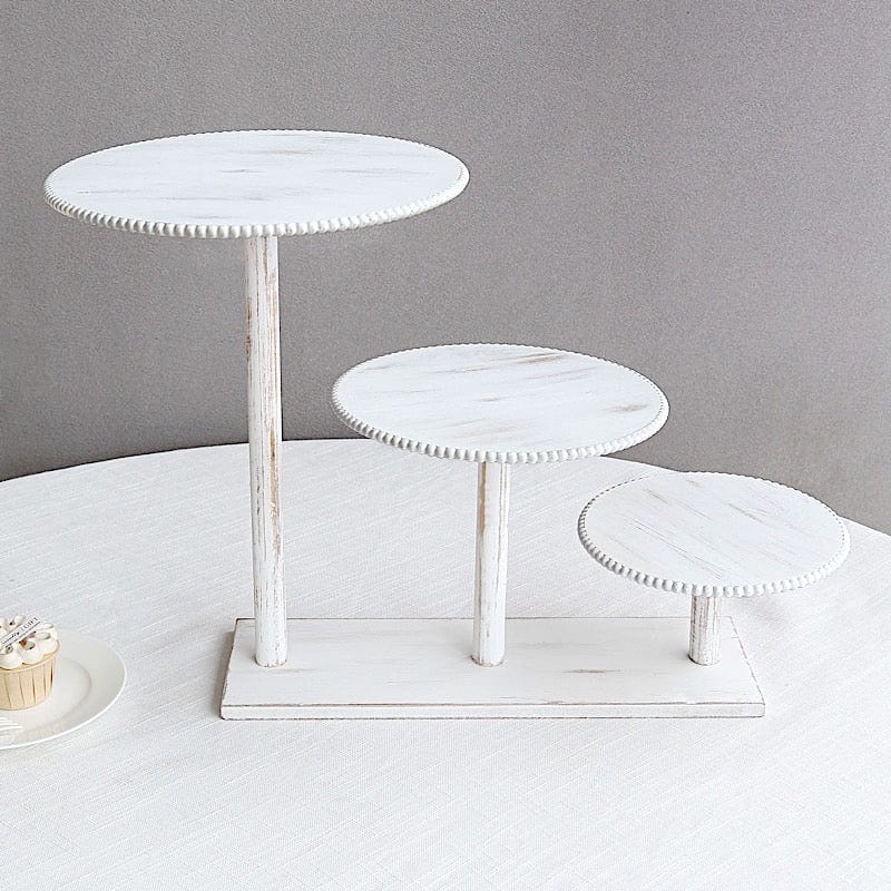 3-Tier Wooden Cake Stand with Round Beaded Rim Trays - Whitewash CAKE_WOD027_16_WHT