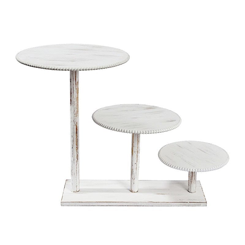 3-Tier Wooden Cake Stand with Round Beaded Rim Trays - Whitewash CAKE_WOD027_16_WHT