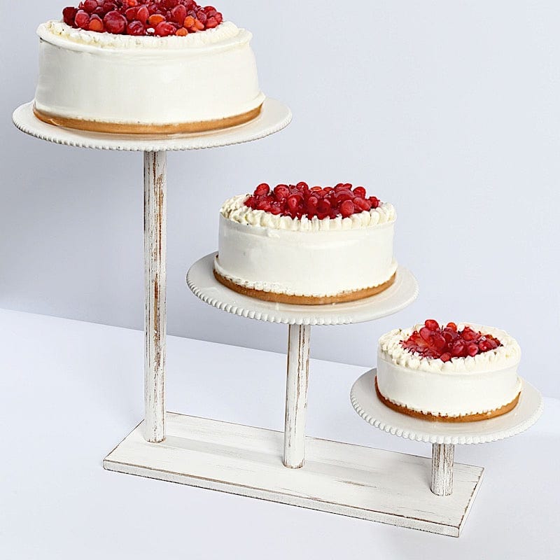3-Tier Wooden Cake Stand with Round Beaded Rim Trays - Whitewash CAKE_WOD027_16_WHT