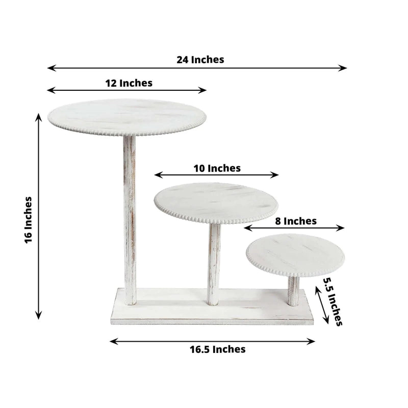 3-Tier Wooden Cake Stand with Round Beaded Rim Trays - Whitewash CAKE_WOD027_16_WHT