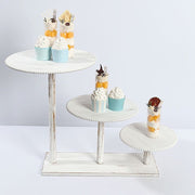 3-Tier Wooden Cake Stand with Round Beaded Rim Trays - Whitewash CAKE_WOD027_16_WHT