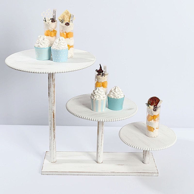 3-Tier Wooden Cake Stand with Round Beaded Rim Trays - Whitewash CAKE_WOD027_16_WHT