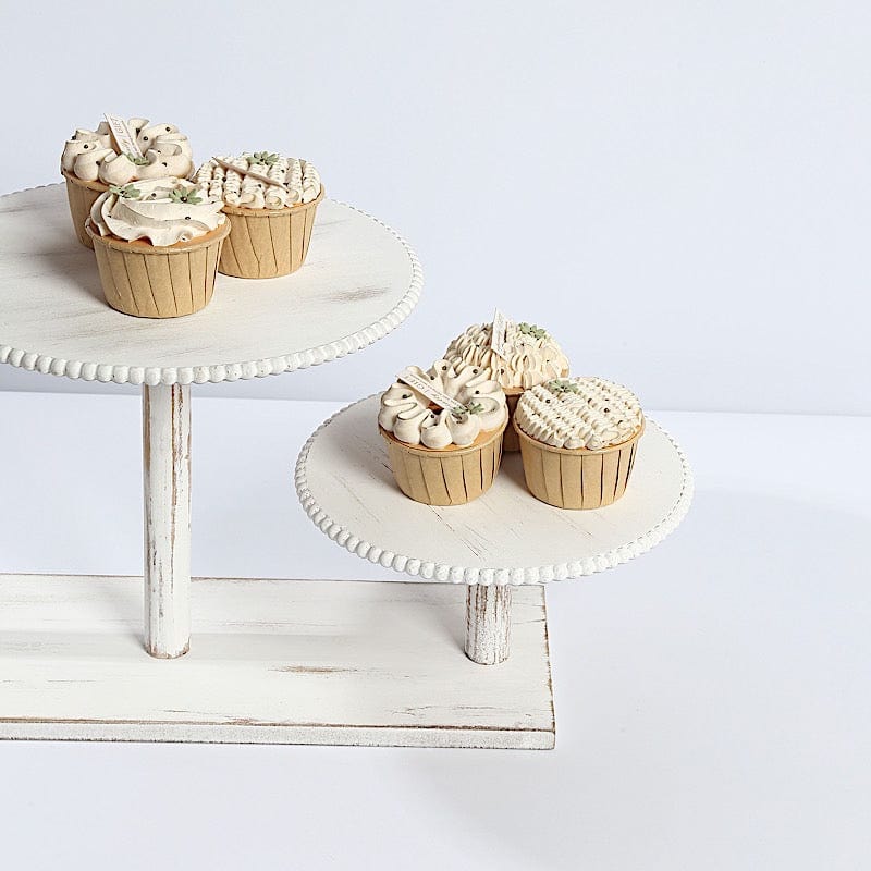 3-Tier Wooden Cake Stand with Round Beaded Rim Trays - Whitewash CAKE_WOD027_16_WHT