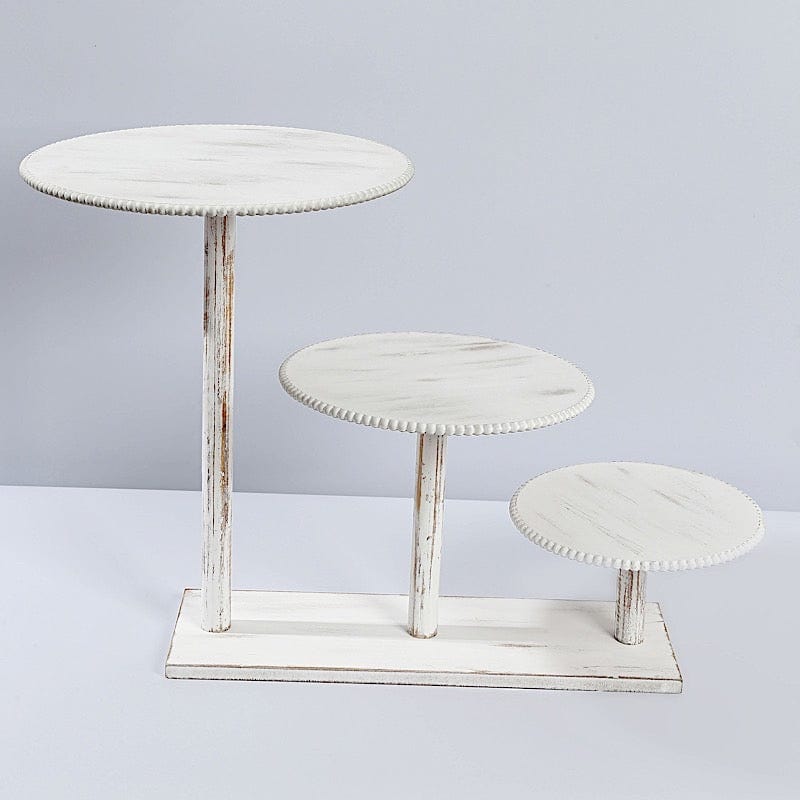 3-Tier Wooden Cake Stand with Round Beaded Rim Trays - Whitewash CAKE_WOD027_16_WHT