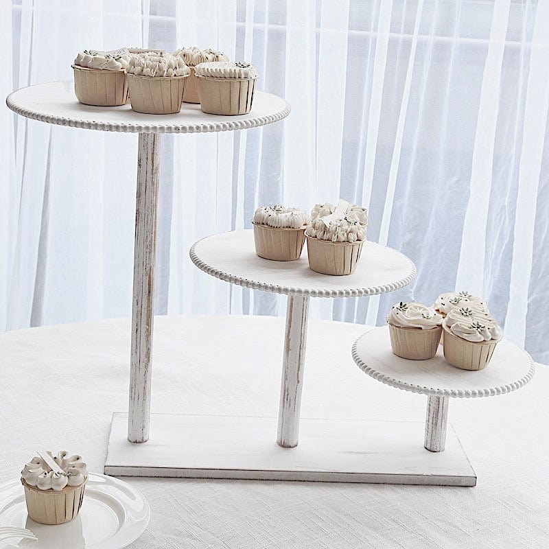 3-Tier Wooden Cake Stand with Round Beaded Rim Trays - Whitewash CAKE_WOD027_16_WHT
