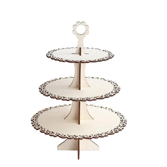 3-Tier Wooden Cupcake Dessert Display Stand with Floral Edge - Natural CAKE_WOD020_17_NAT