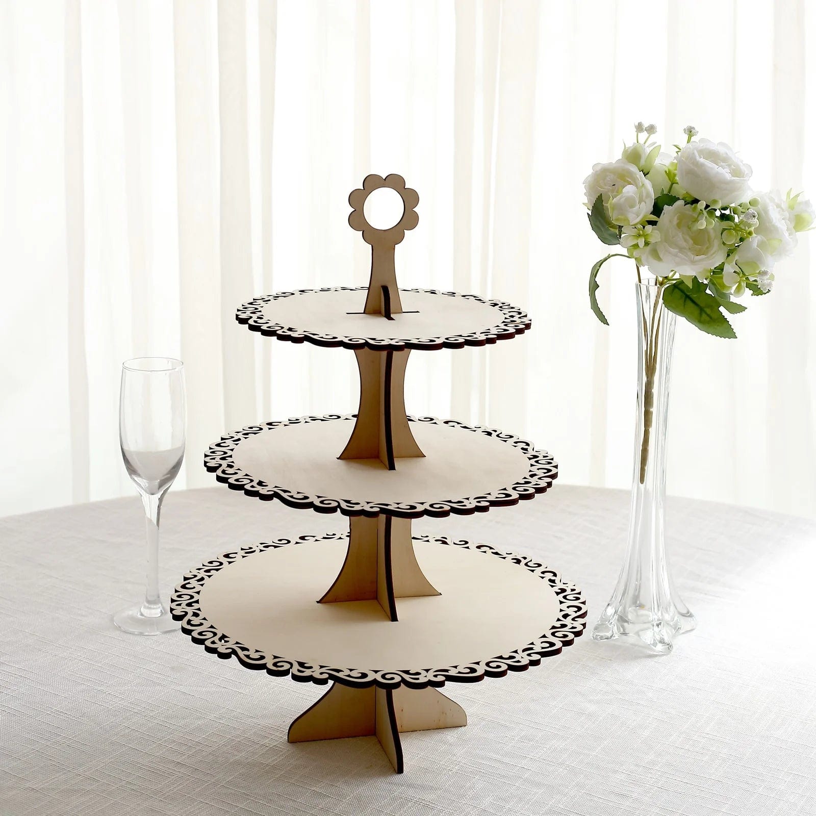 3-Tier Wooden Cupcake Dessert Display Stand with Floral Edge - Natural CAKE_WOD020_17_NAT