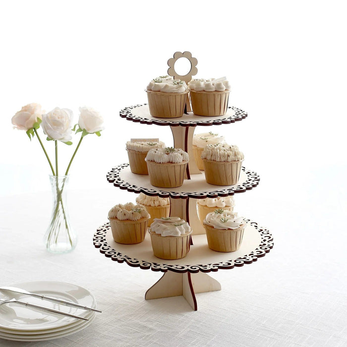 3-Tier Wooden Cupcake Dessert Display Stand with Floral Edge - Natural CAKE_WOD020_17_NAT