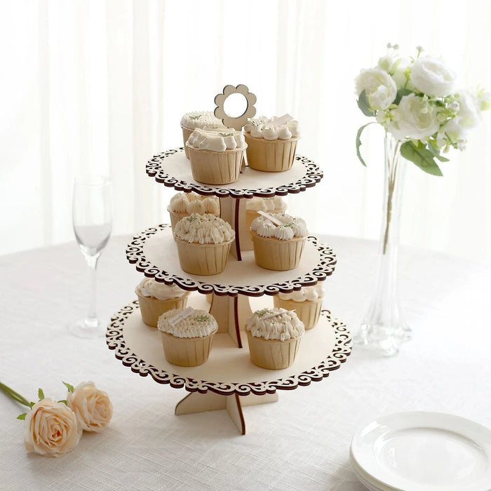 3-Tier Wooden Cupcake Dessert Display Stand with Floral Edge - Natural CAKE_WOD020_17_NAT