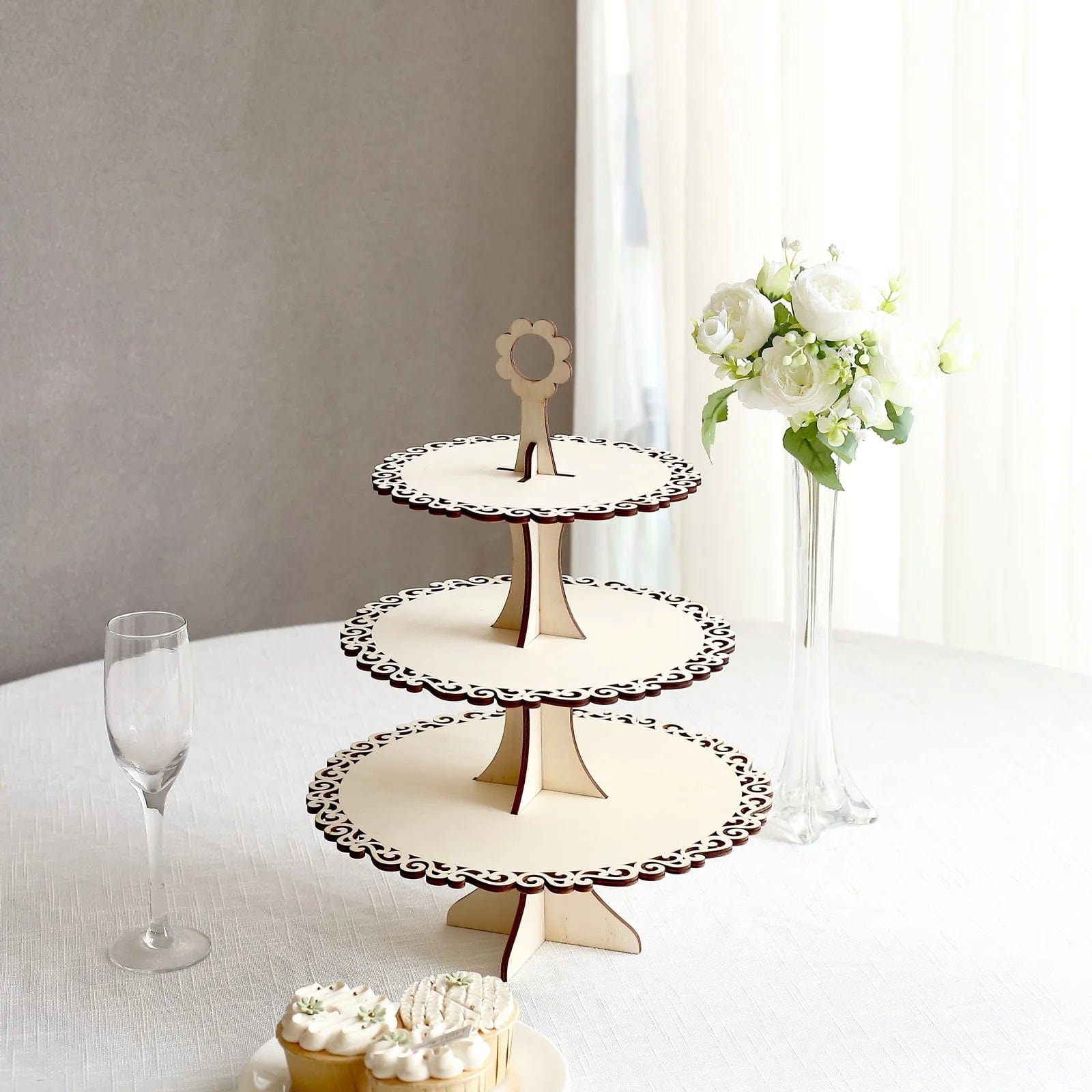 3-Tier Wooden Cupcake Dessert Display Stand with Floral Edge - Natural CAKE_WOD020_17_NAT