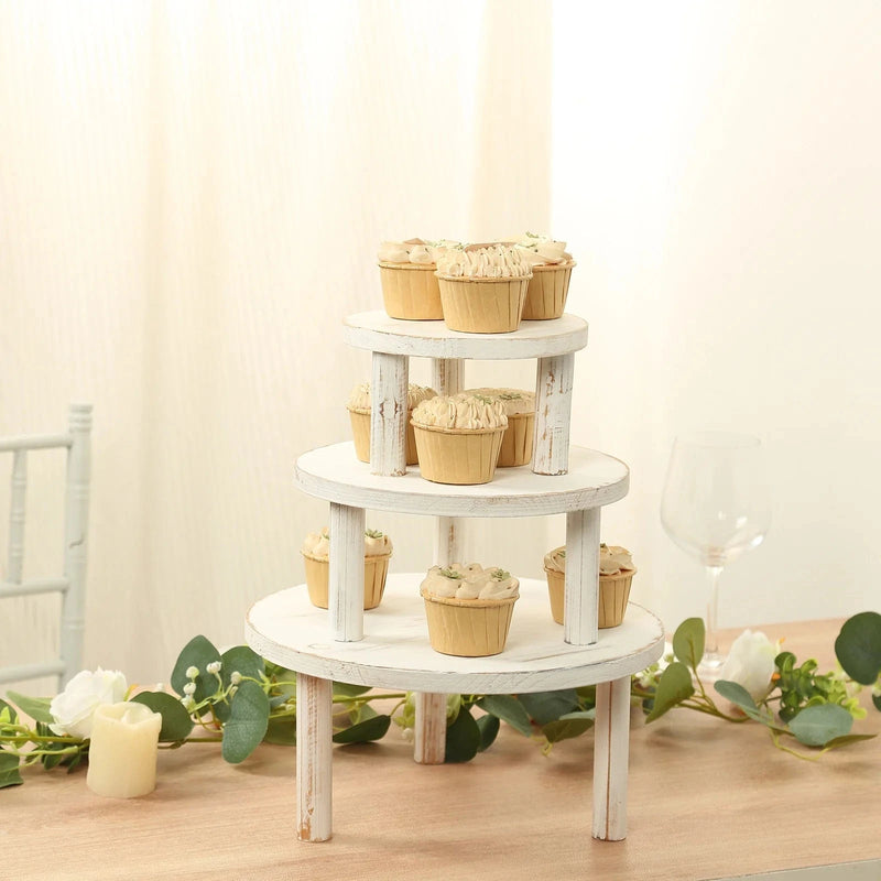 3 Wooden Pedestal Cake Stands with Removable Legs - Whitewash CAKE_WOD028_SET3_WHT