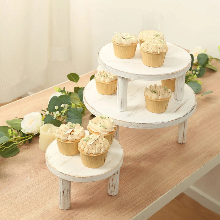 3 Wooden Pedestal Cake Stands with Removable Legs - Whitewash CAKE_WOD028_SET3_WHT