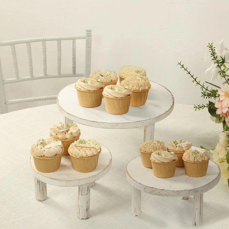 3 Wooden Pedestal Cake Stands with Removable Legs - Whitewash CAKE_WOD028_SET3_WHT