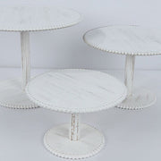3 Wooden Pedestal Cake Stands with Round Beaded Rim Trays - Whitewash CAKE_WOD027_SET3_WHT