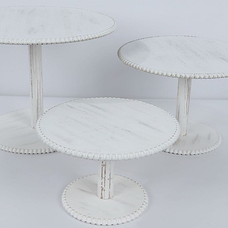 3 Wooden Pedestal Cake Stands with Round Beaded Rim Trays - Whitewash CAKE_WOD027_SET3_WHT