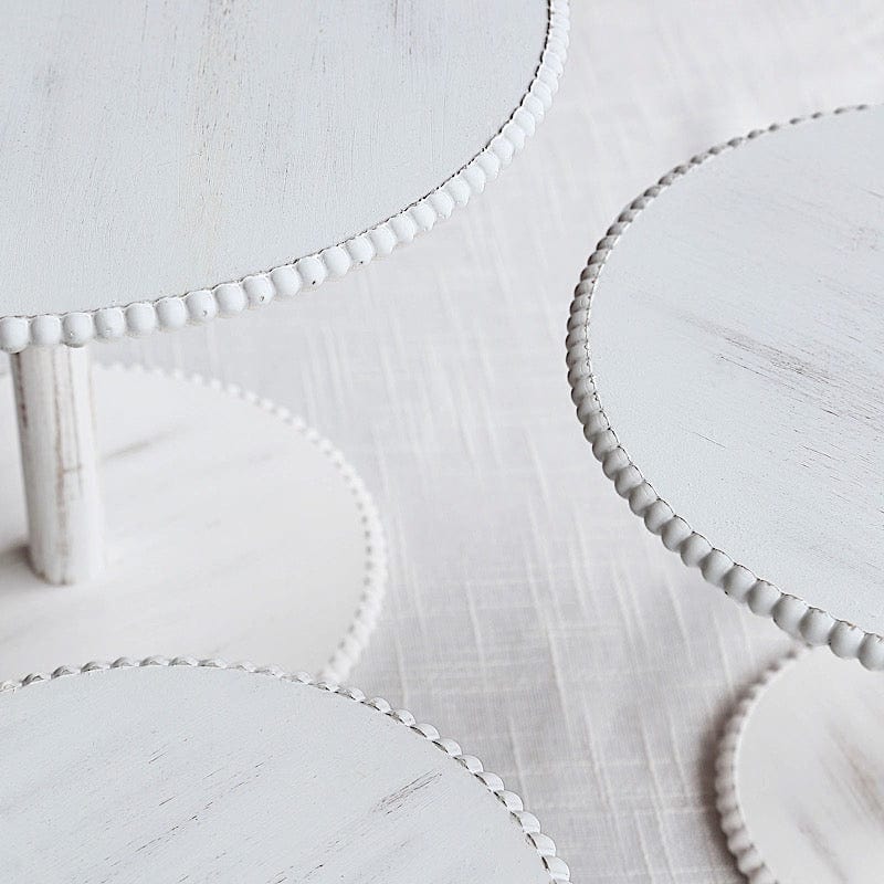 3 Wooden Pedestal Cake Stands with Round Beaded Rim Trays - Whitewash CAKE_WOD027_SET3_WHT