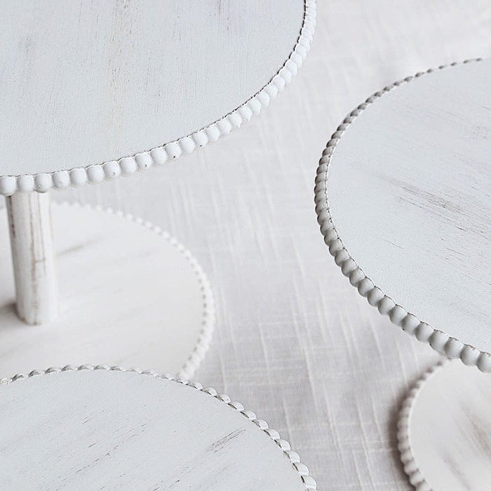 3 Wooden Pedestal Cake Stands with Round Beaded Rim Trays - Whitewash CAKE_WOD027_SET3_WHT