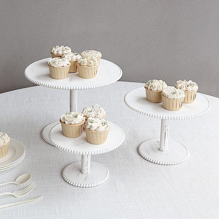 3 Wooden Pedestal Cake Stands with Round Beaded Rim Trays - Whitewash CAKE_WOD027_SET3_WHT
