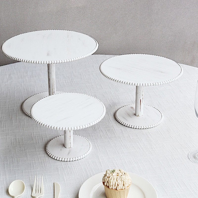 3 Wooden Pedestal Cake Stands with Round Beaded Rim Trays - Whitewash CAKE_WOD027_SET3_WHT