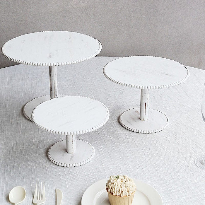 3 Wooden Pedestal Cake Stands with Round Beaded Rim Trays - Whitewash CAKE_WOD027_SET3_WHT