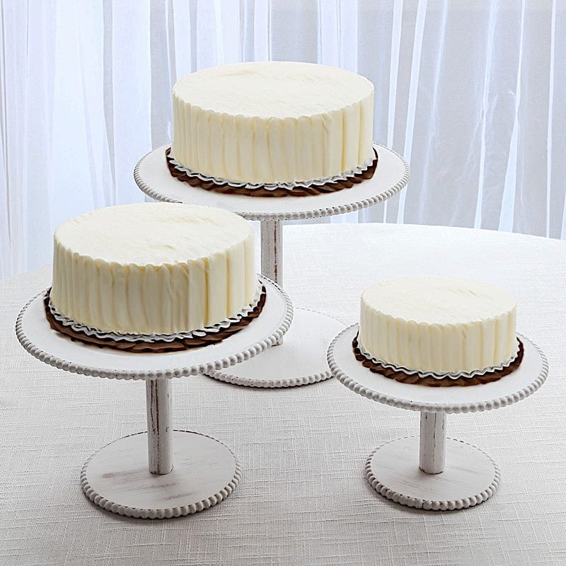 3 Wooden Pedestal Cake Stands with Round Beaded Rim Trays - Whitewash CAKE_WOD027_SET3_WHT
