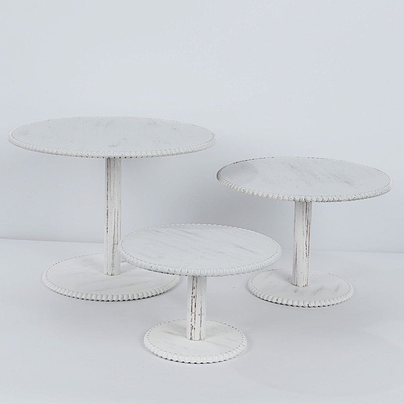 3 Wooden Pedestal Cake Stands with Round Beaded Rim Trays - Whitewash CAKE_WOD027_SET3_WHT