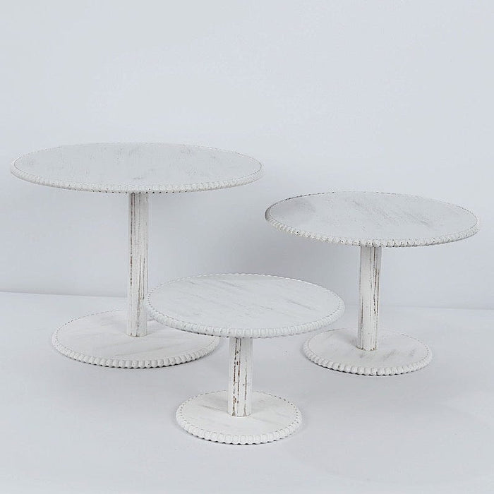 3 Wooden Pedestal Cake Stands with Round Beaded Rim Trays - Whitewash CAKE_WOD027_SET3_WHT