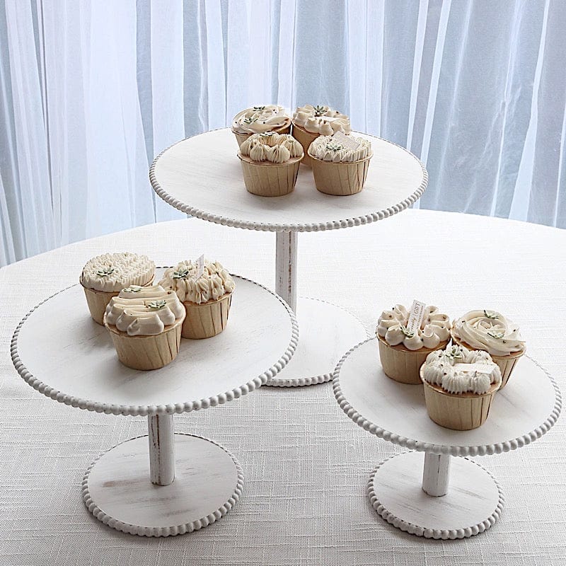 3 Wooden Pedestal Cake Stands with Round Beaded Rim Trays - Whitewash CAKE_WOD027_SET3_WHT